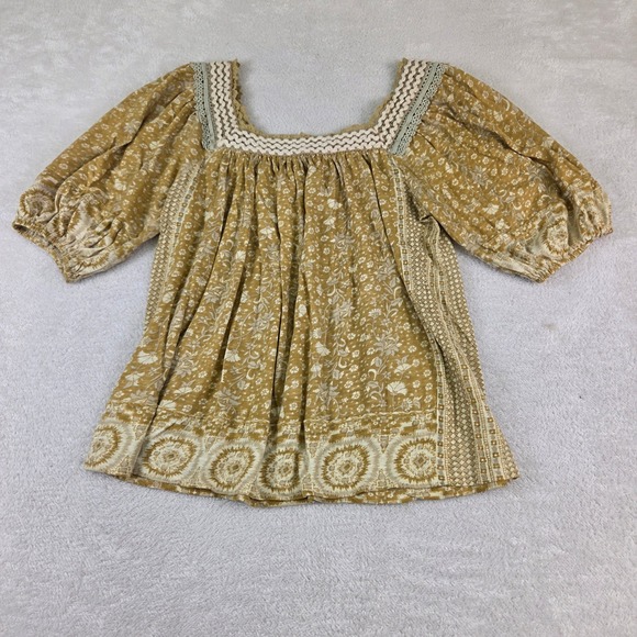 Rachel Zoe Tops - Rachel Zoe Mustard Yellow Floral Crochet Trim Puff Sleeve Peasant Blouse Size M